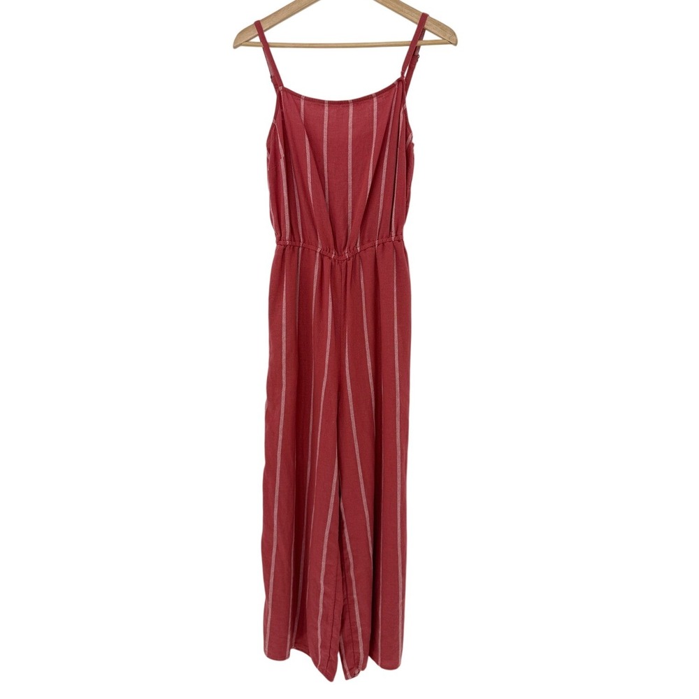 GAP Red White Striped Linen Blend Wide Leg Jumpsuit Small Pockets Summer‎ FLAW